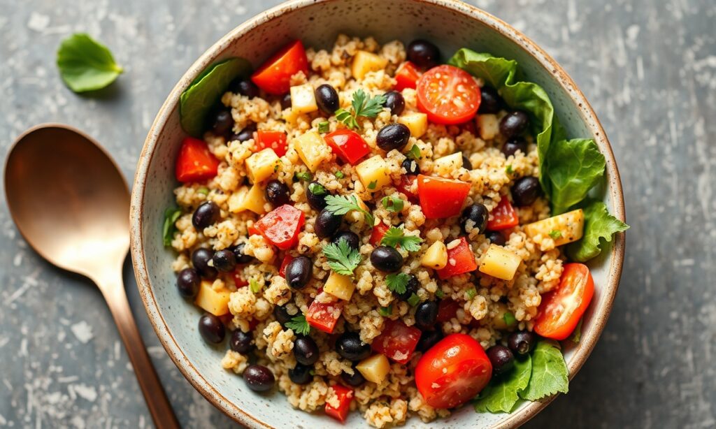 Brighten bowl: Vibrant vegan quinoa black bean salad, bursting with color and flavor.