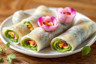 Edible flower spring rolls: a beautiful and delicate appetizer.