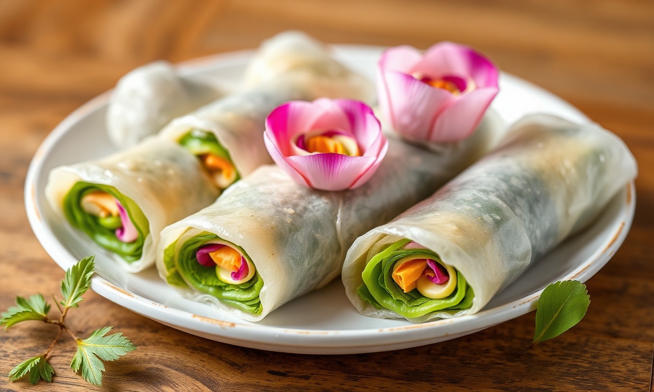 Edible flower spring rolls: a beautiful and delicate appetizer.