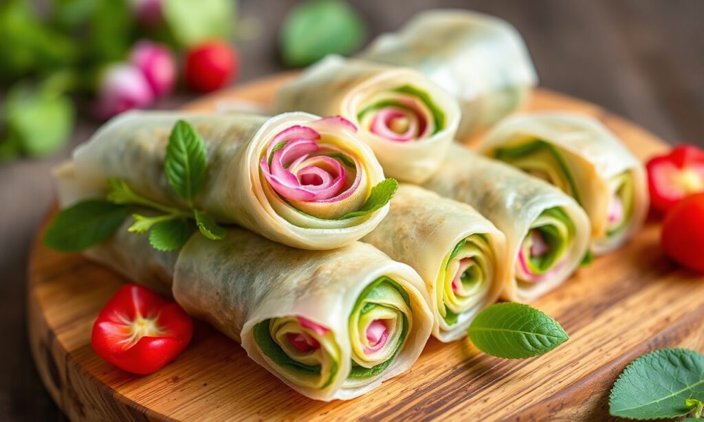 Edible flower spring rolls: delicate, beautiful appetizer.