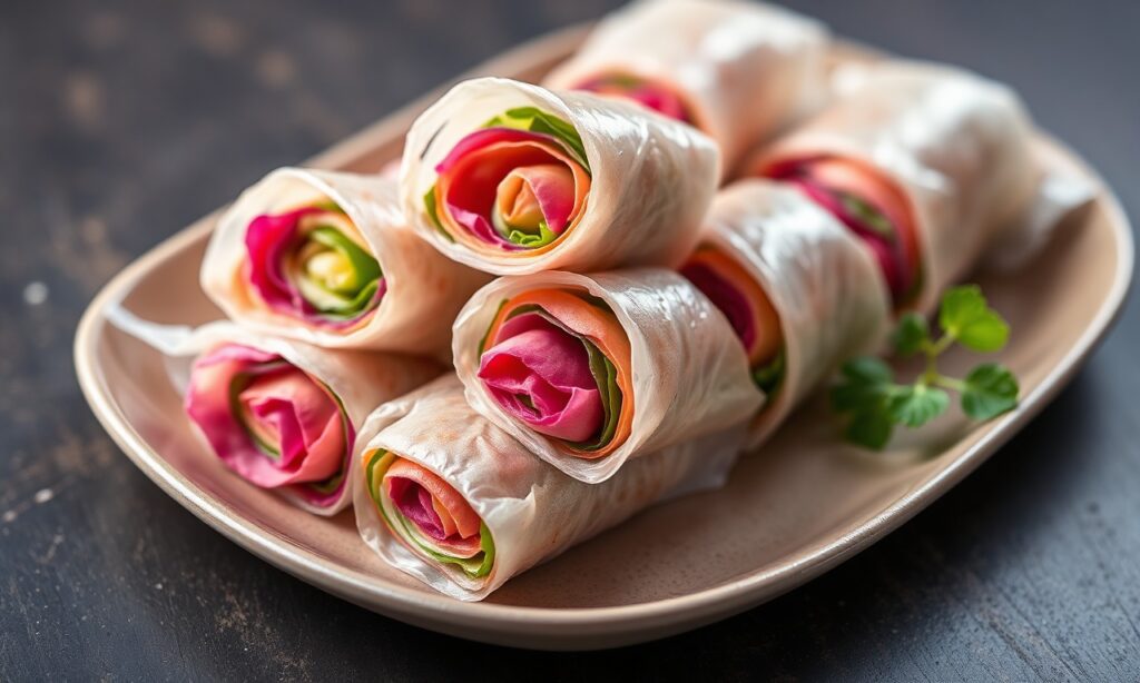 Edible flower spring rolls: a vibrant spring appetizer.