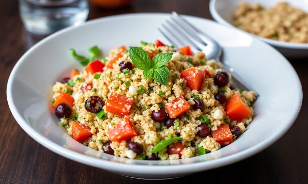 Fresh quinoa tabbouleh salad, herb-packed and protein-rich.