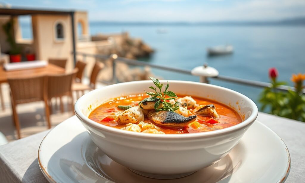 Savoring Sicily: Authentic Sicilian fish soup on a seaside terrace.