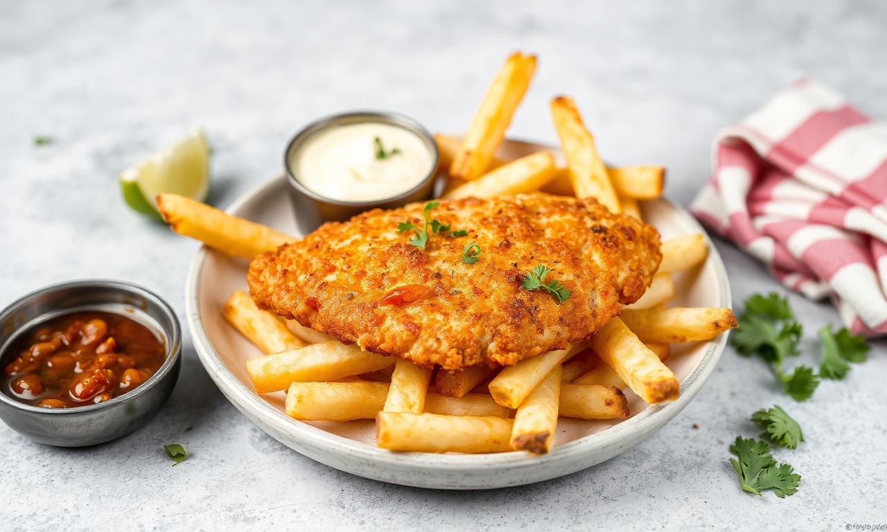 Crispy vegan fish & chips made with tempeh: a delicious twist.