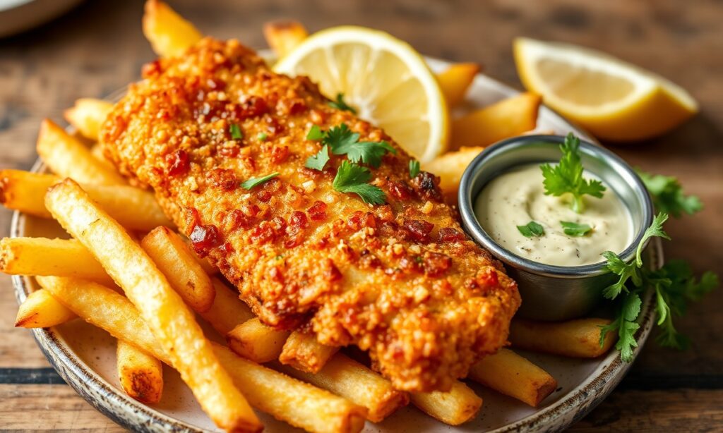 Crispy vegan fish and chips with golden tempeh.