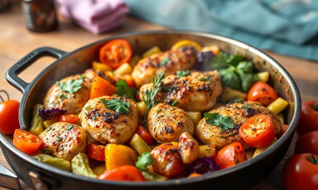One-pan Mediterranean chicken and veggies: simple, fresh, flavorful meal.