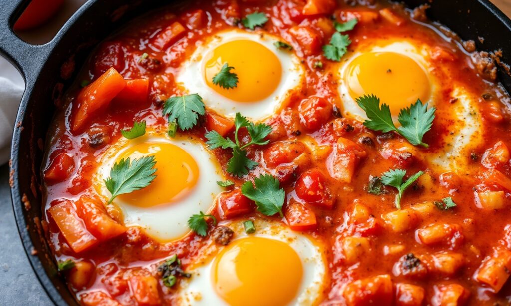 Keto Shakshuka: vibrant, flavorful low-carb Mediterranean dish with tomatoes and spices.