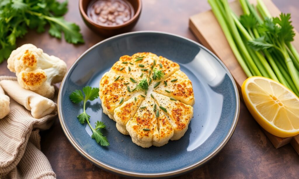Herb-infused cauliflower steaks: a simple, flavorful veggie delight.