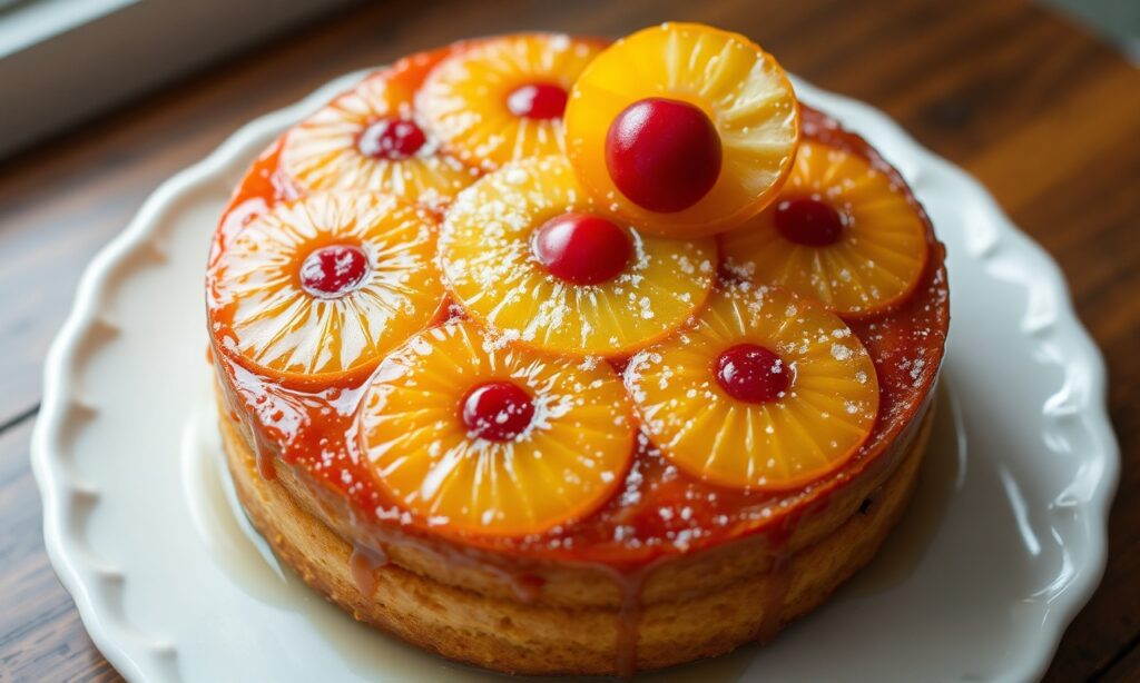 Sweet history of pineapple upside-down cake, caramel glaze glistening.