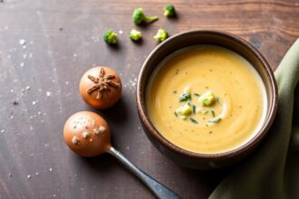 Rich creamy vegan broccoli cheddar soup recipe close-up.