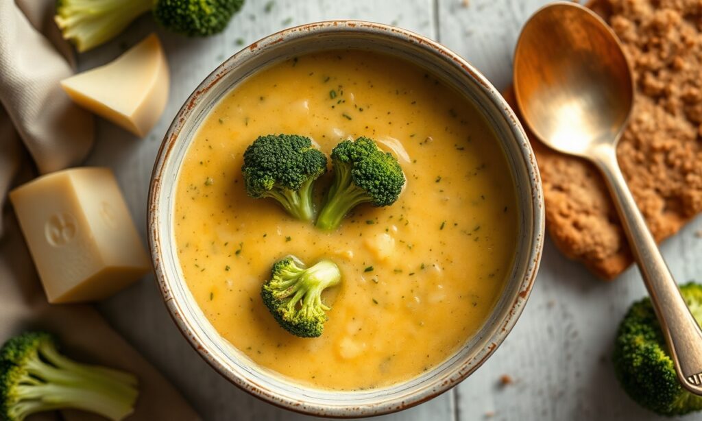 Rich creamy vegan broccoli cheddar soup, healthy comfort food.