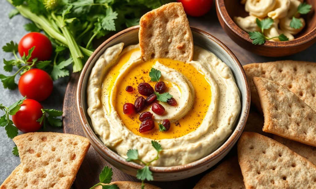 Authentic hummus and pita: fresh, creamy, garlicky, traditional Mediterranean delight.