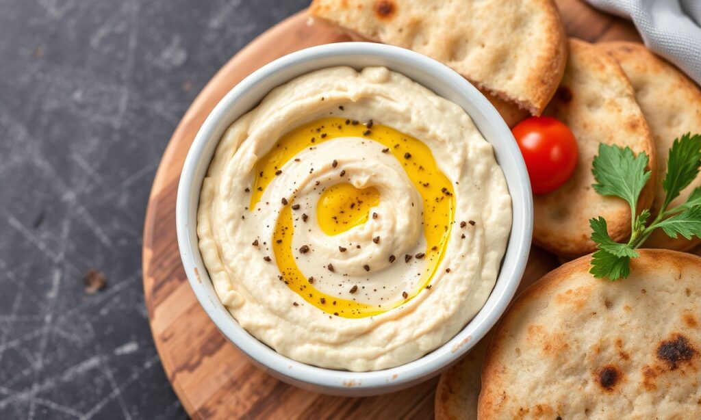 Authentic hummus with fresh pita bread, a creamy taste of tradition.