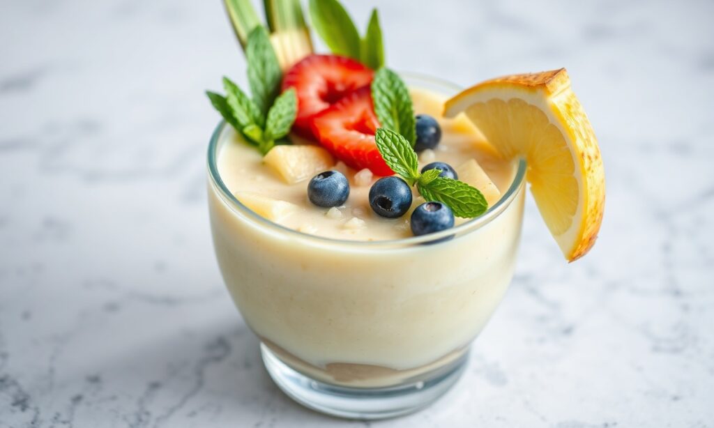 Refreshing Piña Colada smoothie bowl, tropical breakfast delight.