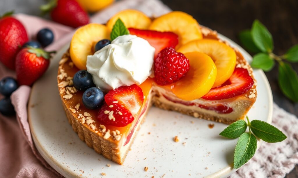 Perfect sun-kissed summer fruit tart centerpiece, crisp almond crust.