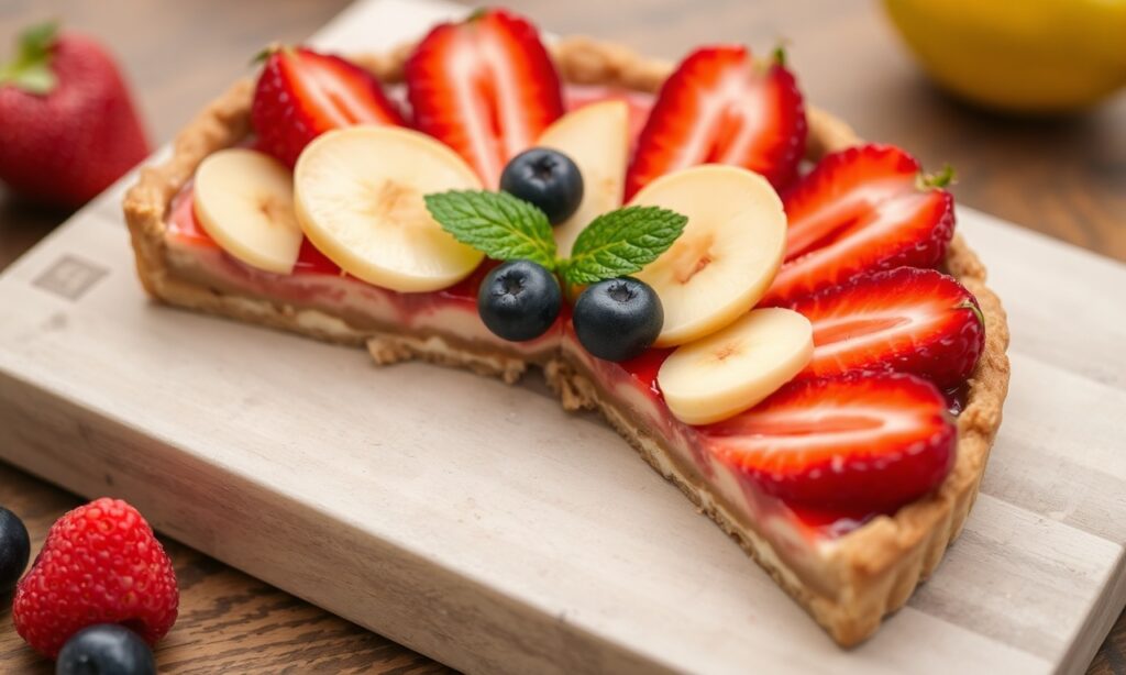 Perfect sun-kissed summer fruit tart, crisp almond crust.