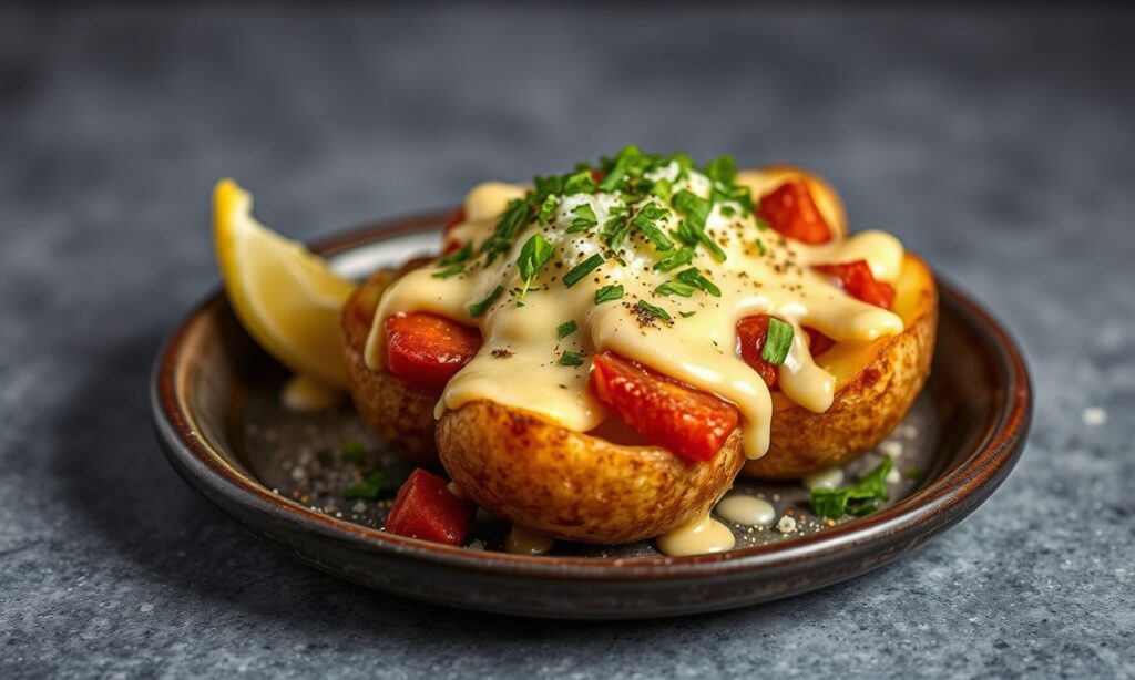 Papas Chorreadas: Cheesy Colombian potatoes, a comforting, simple dish.