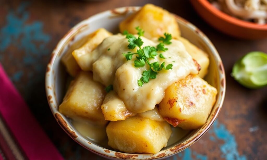 Papas Chorreadas: Colombian cheesy potatoes, a vibrant and delicious food.