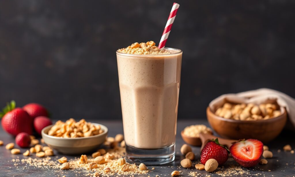 Whip up creamy peanut butter powder smoothie delight.