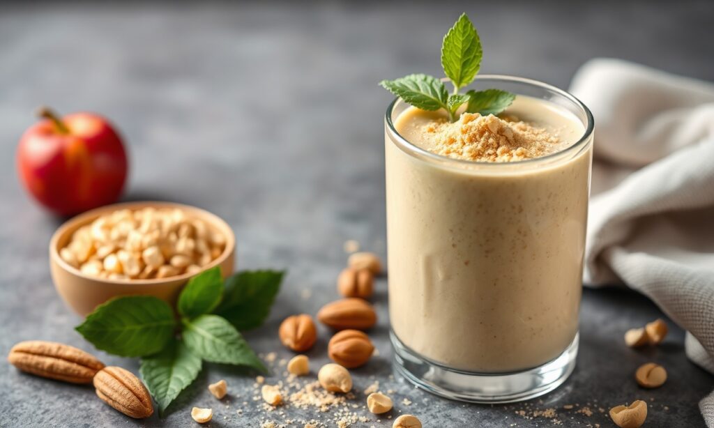 Whip up creamy peanut butter powder smoothie delight, rich nutty flavor.