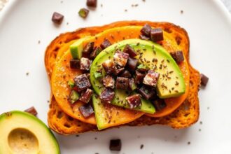 Sweet potato toast topped with creamy avocado for a healthy twist.