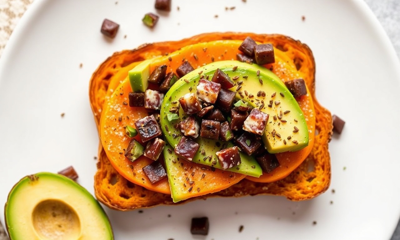 Sweet potato toast topped with creamy avocado for a healthy twist.