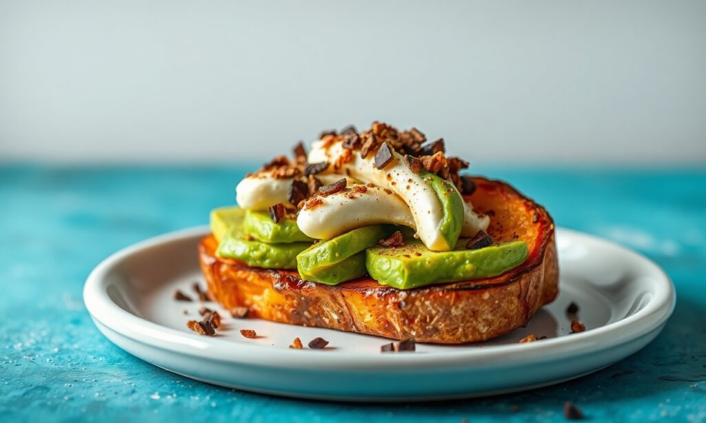 Sweet potato toast with avocado: healthy breakfast idea.