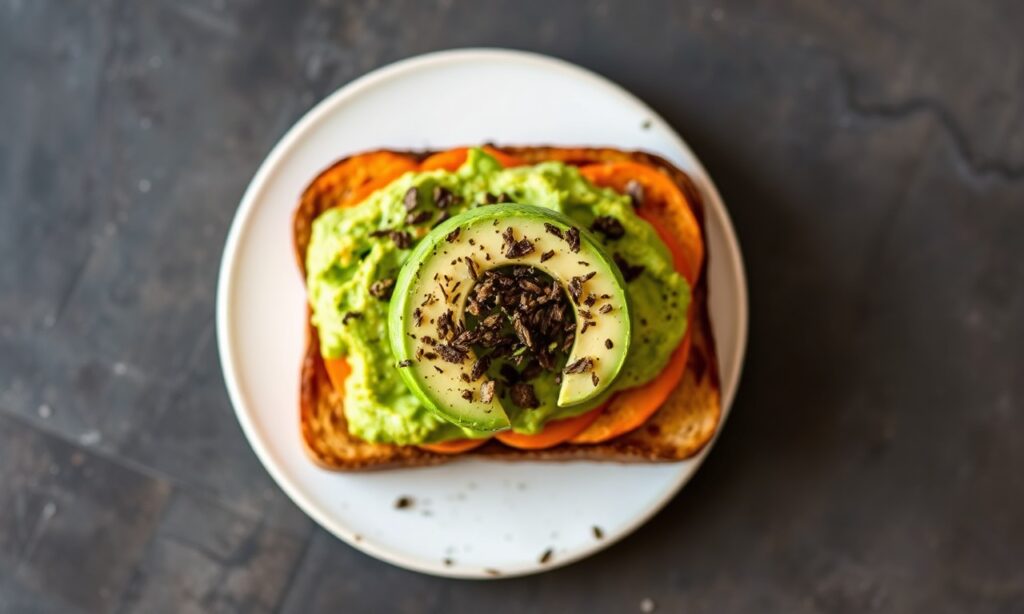 Sweet potato toast with avocado, a healthy and tasty breakfast.