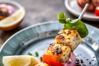 Grilled swordfish skewers with colorful peppers and onions.