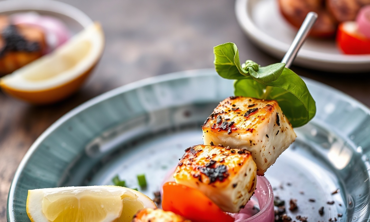 Grilled swordfish skewers with colorful peppers and onions.