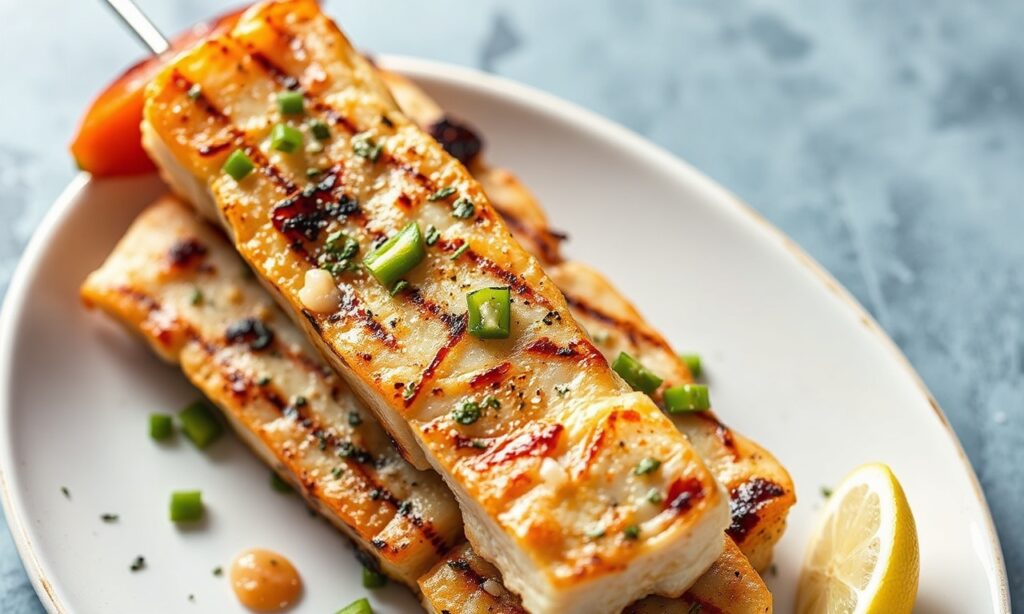 Grilled swordfish skewers with colorful peppers and onions, a seaside feast.