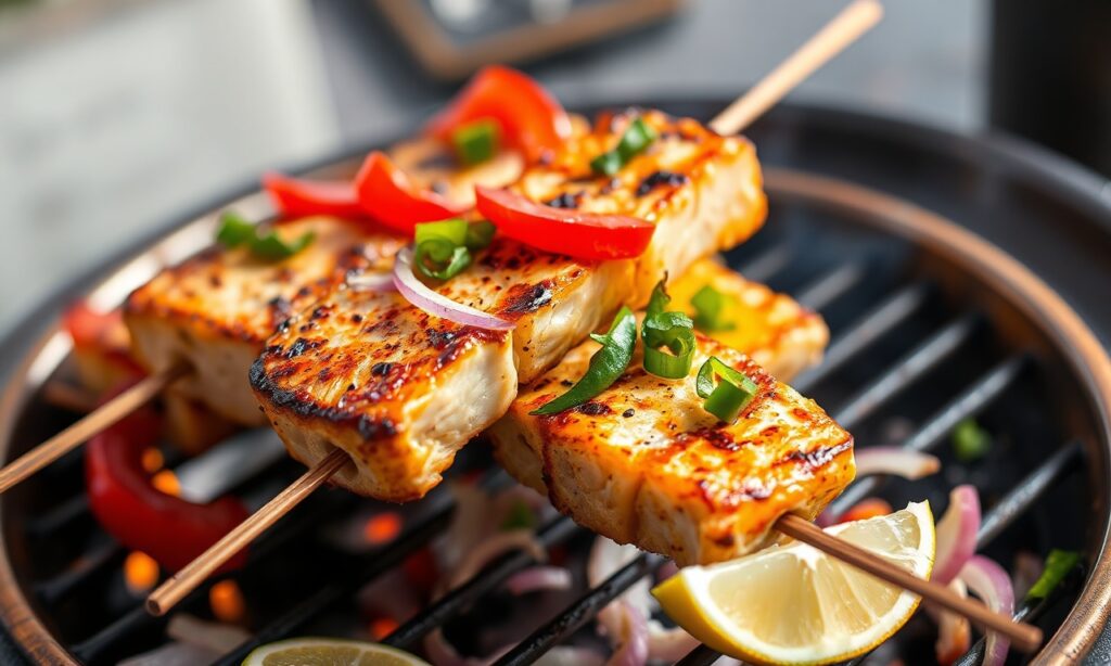 Grilled swordfish skewers with colorful peppers and onions, sizzling and flavorful.