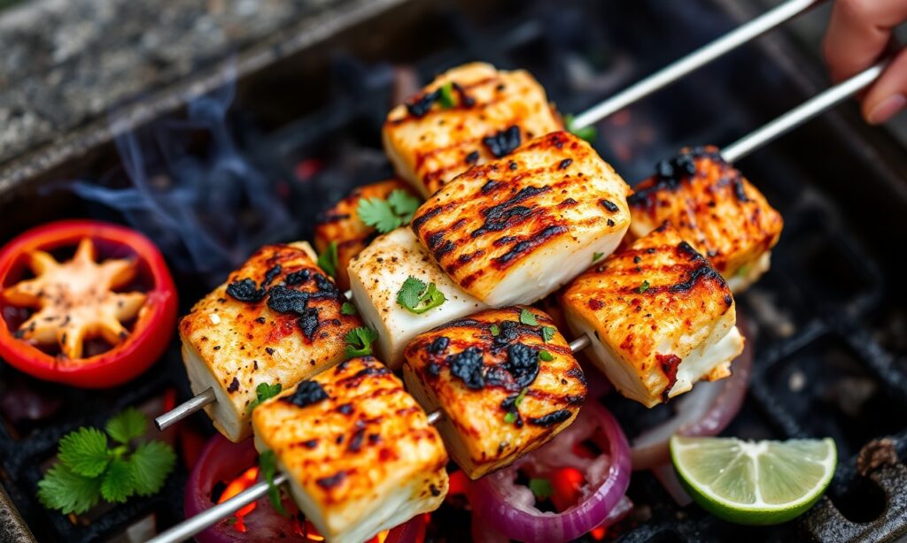 Grilled swordfish skewers with colorful peppers and onions, sizzling and flavorful.