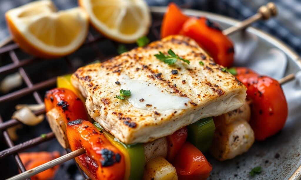 Grilled swordfish skewers with colorful peppers and onions, sizzling and flavorful.
