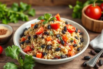 Vibrant vegan quinoa salad with black beans, a delicious protein boost.