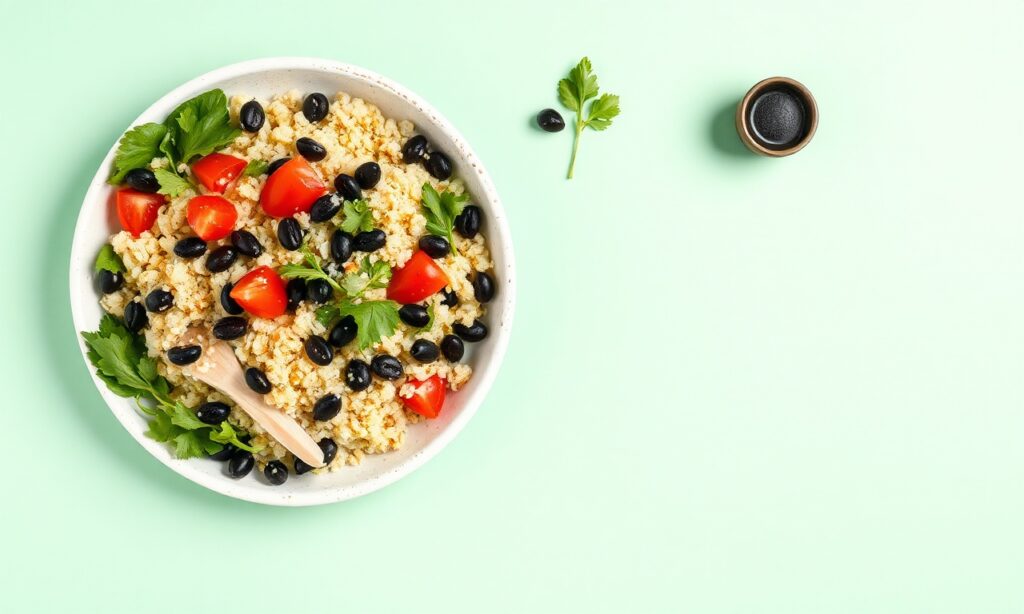 Vibrant vegan quinoa salad with black beans, a healthy and colorful meal.