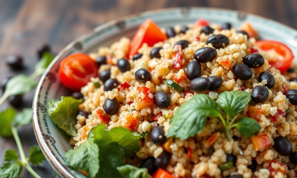 Vibrant vegan quinoa salad with black beans and fresh vegetables.