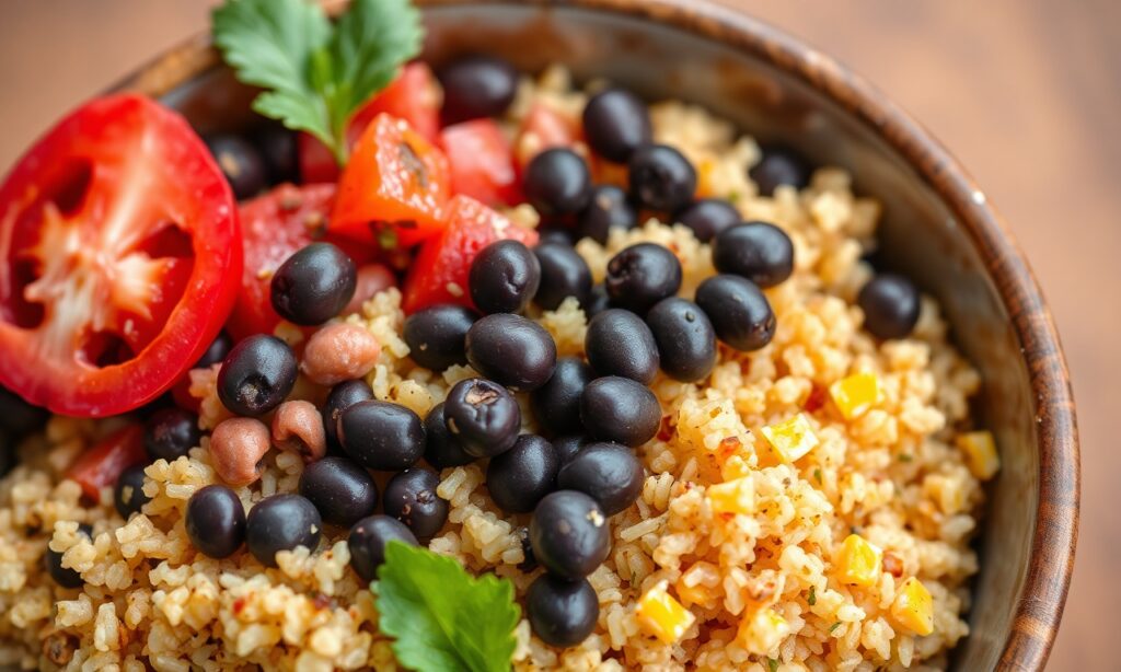 Vibrant vegan quinoa salad with black beans and fresh vegetables.