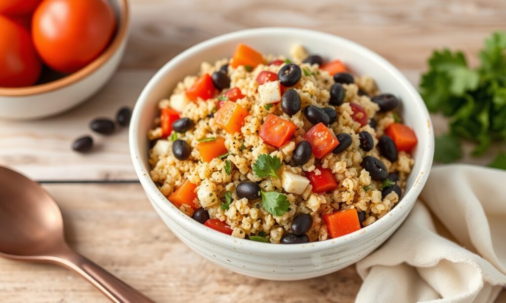 Vibrant vegan quinoa salad with black beans and fresh vegetables.