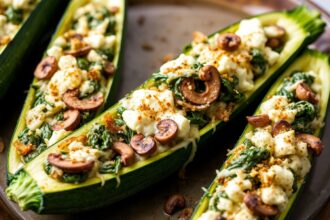 Cheesy spinach stuffed zucchini boats, a low-carb delight.