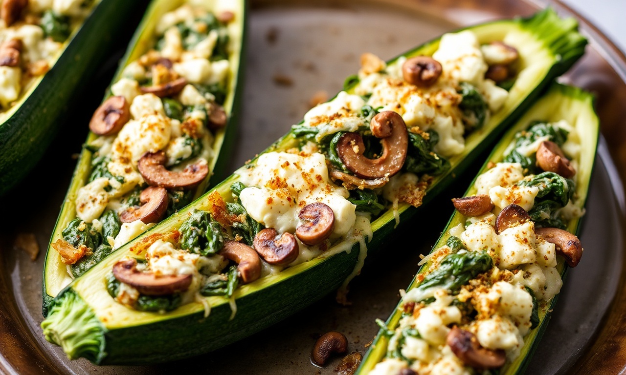Cheesy spinach stuffed zucchini boats, a low-carb delight.
