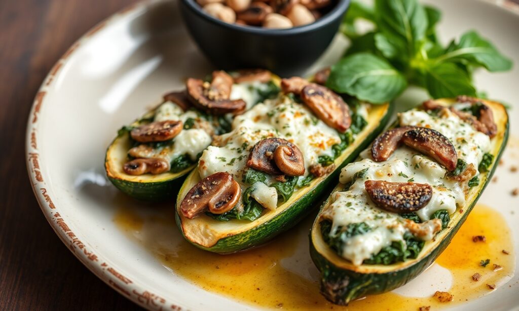 Cheesy spinach stuffed zucchini boats: low-carb, flavorful, and healthy meal.
