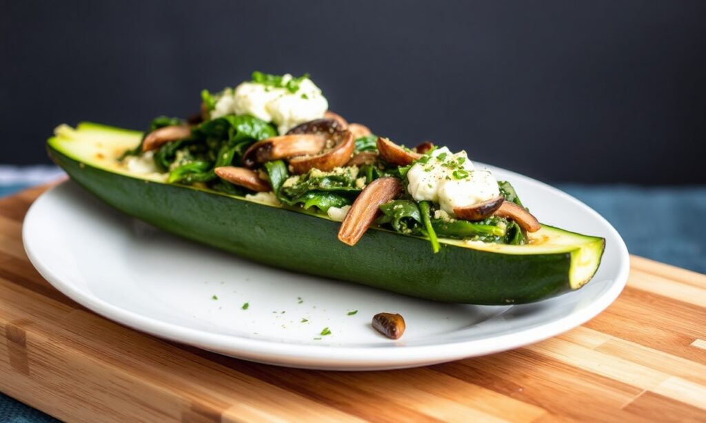 Cheesy spinach, mushroom, ricotta stuffed zucchini boats – low-carb flavor.