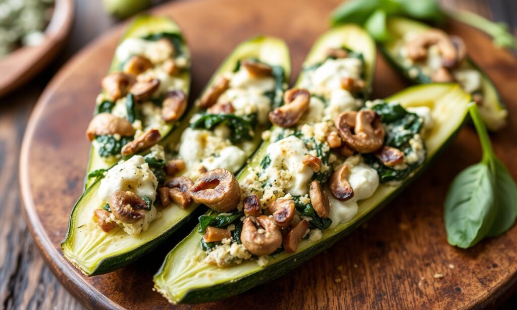 Cheesy spinach, mushroom, ricotta stuffed zucchini boats – low-carb flavor.