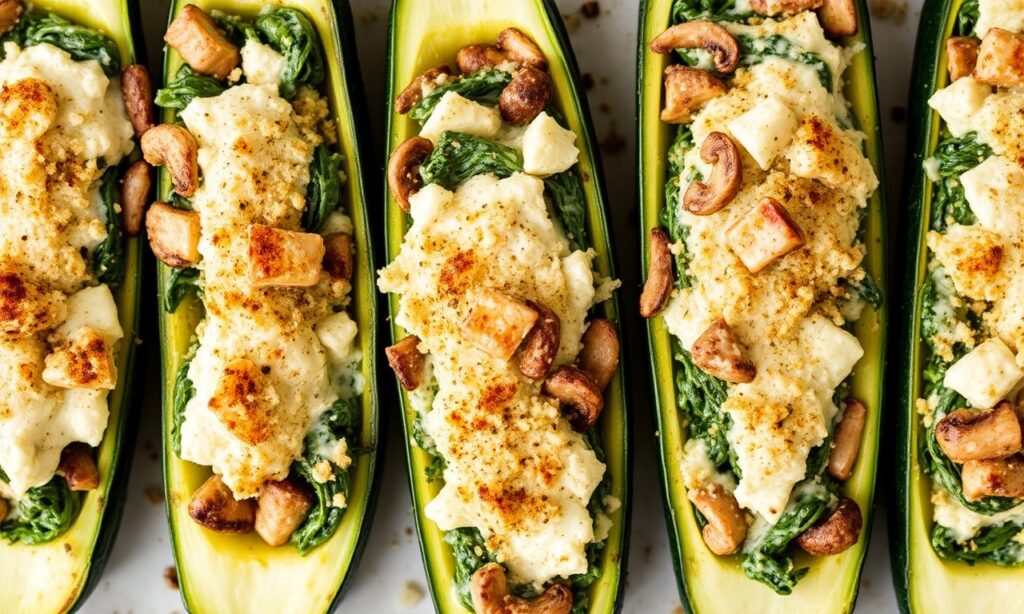 Cheesy spinach, mushroom, ricotta stuffed zucchini boats – low-carb flavor.