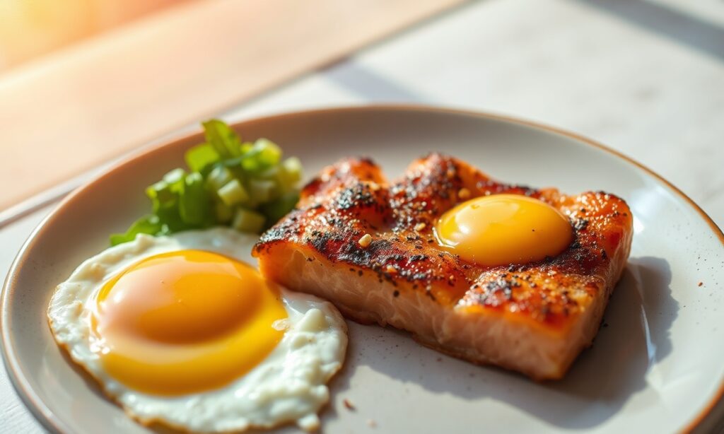 Sunny mornings: fried eggs, avocado, smoked salmon delight.