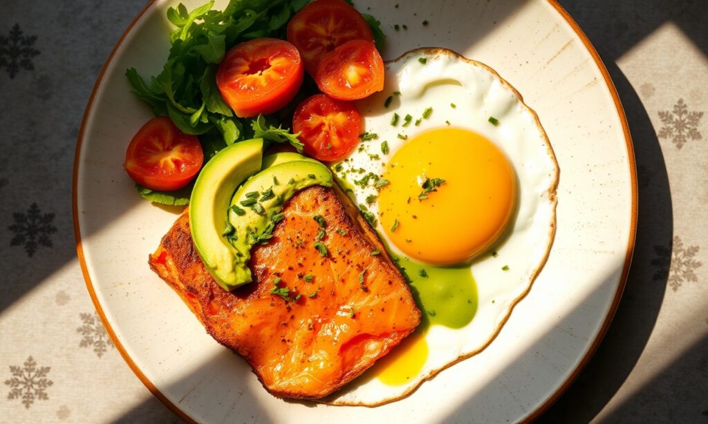 Sunny mornings: fried eggs, avocado, smoked salmon delight.