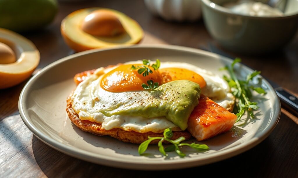 Sunny mornings: fried eggs, avocado, smoked salmon delight.