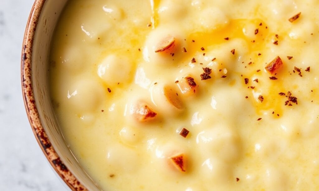 Creamy cheddar potato chowder, a comforting bowl of classic goodness.