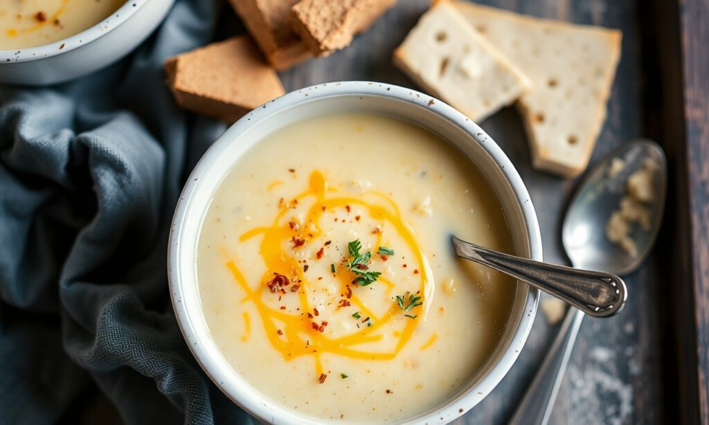 Creamy cheddar potato chowder, a comforting bowl of classic goodness.